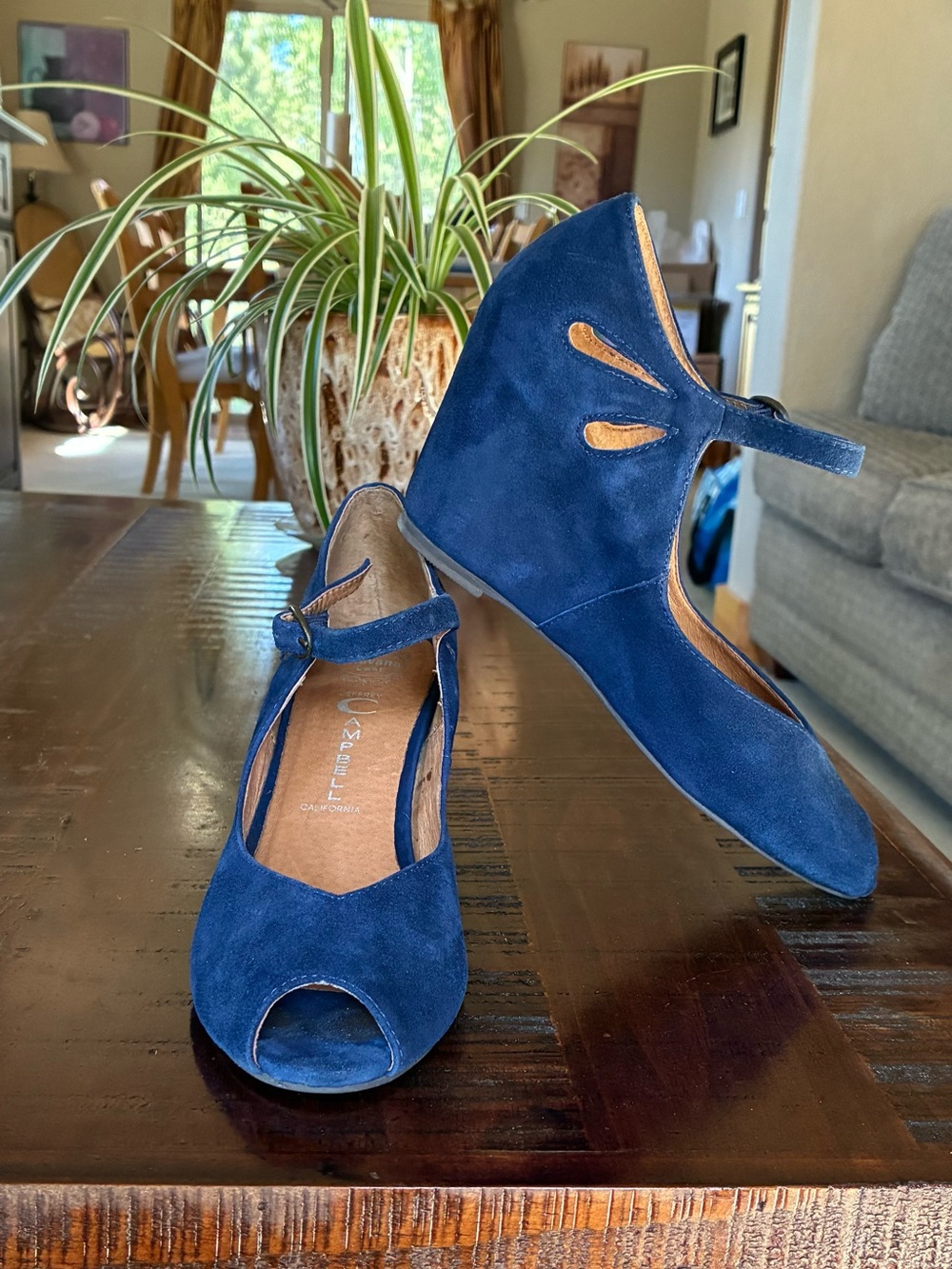 Jeffrey Campbell “Havana” Blue Suede Mary Jane Peep-Toe Wedges